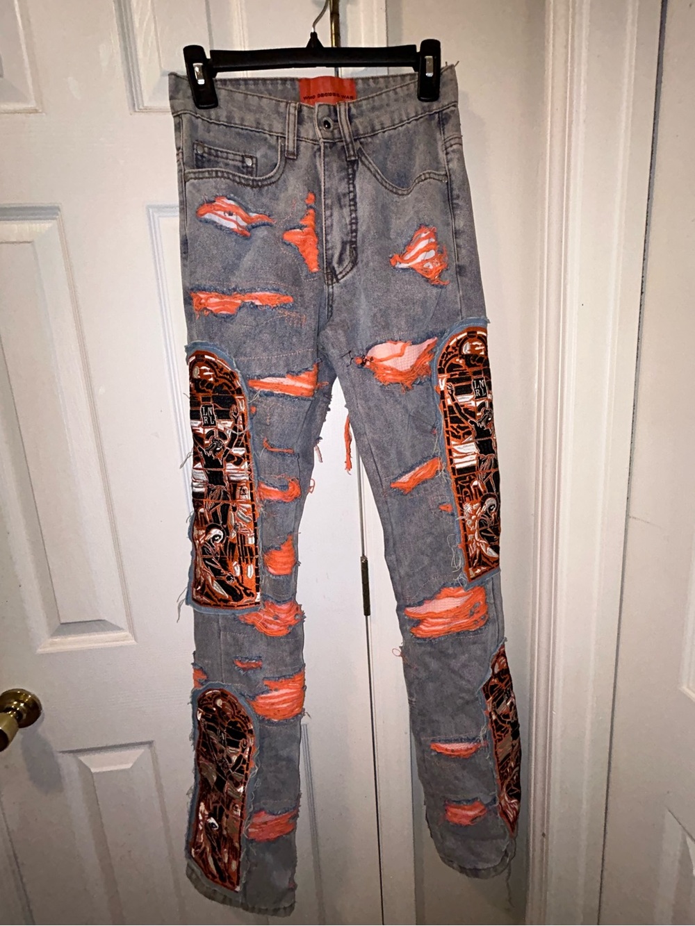 Gray Distressed Wide-Leg Jeans with Orange Patchwork Detail